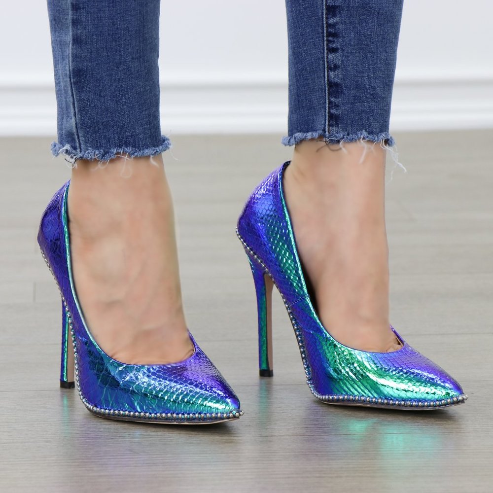 Mermaid Blue Green High Heel Pumps With Studs - Picture 4 of 8